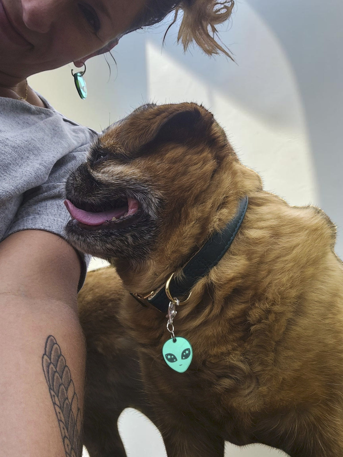 Morti's Fun Club We Come in Peace set featuring a person wearing alien hoop earrings and a dog with a matching charm