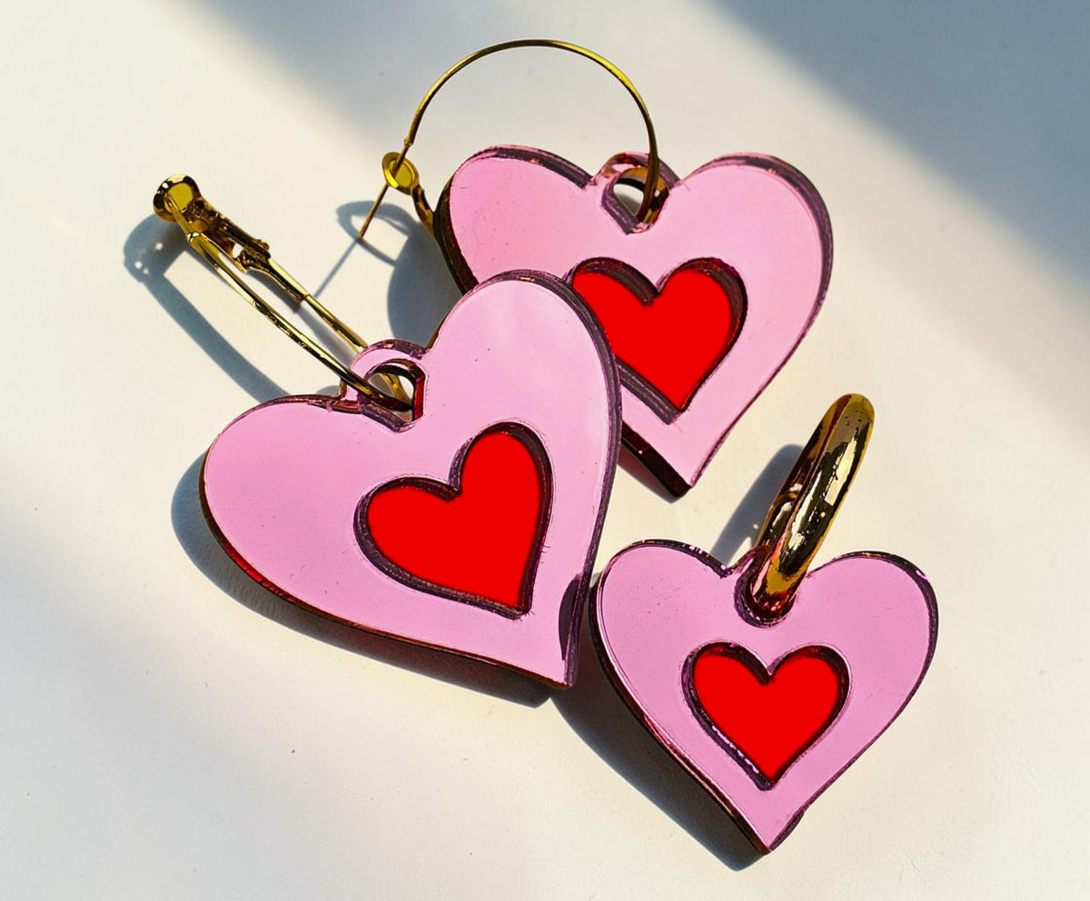 Morti's Fun Club Cherry Blossom heart earrings and matching collar charm in pink and red acrylic with silver hoops.