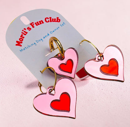 Morti's Fun Club Cherry Blossom twinning set featuring pink heart earrings and a matching dog collar charm.
