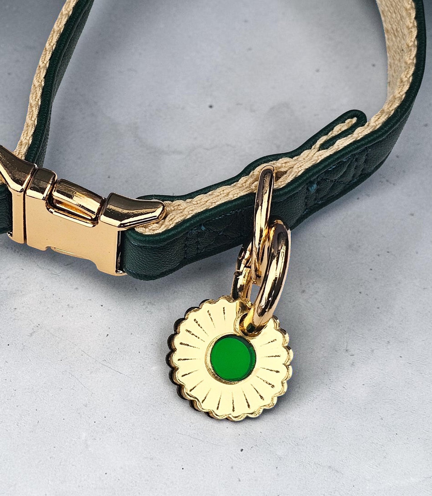 Morti's Fun Club Jurassic Bloom dog collar charm in gold-plated metal with a green acrylic center on a green collar.