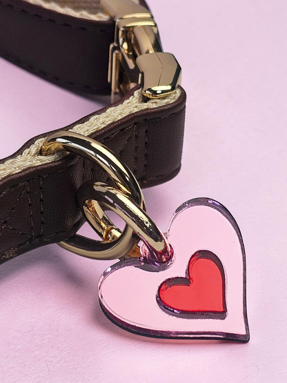 Morti's Fun Club cherry blossom heart collar charm in pink and red acrylic with a silver-plated lobster clip