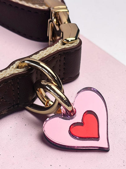 Morti's Fun Club Cherry Blossom heart collar charm in pink and red acrylic attached to a brown leather dog collar