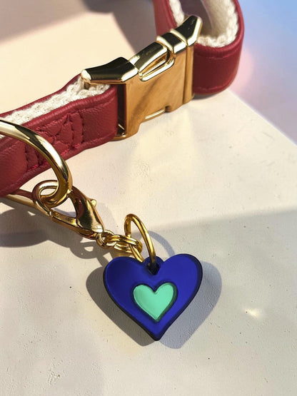 Morti's Fun Club heart-shaped acrylic dog collar charm in royal blue and green with a gold-plated lobster clip.