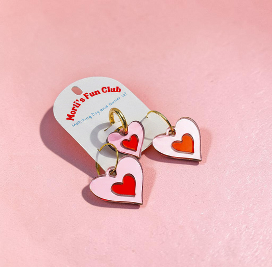 Morti's Fun Club matching heart jewelry set featuring pink and red acrylic heart earrings and a pet collar charm.