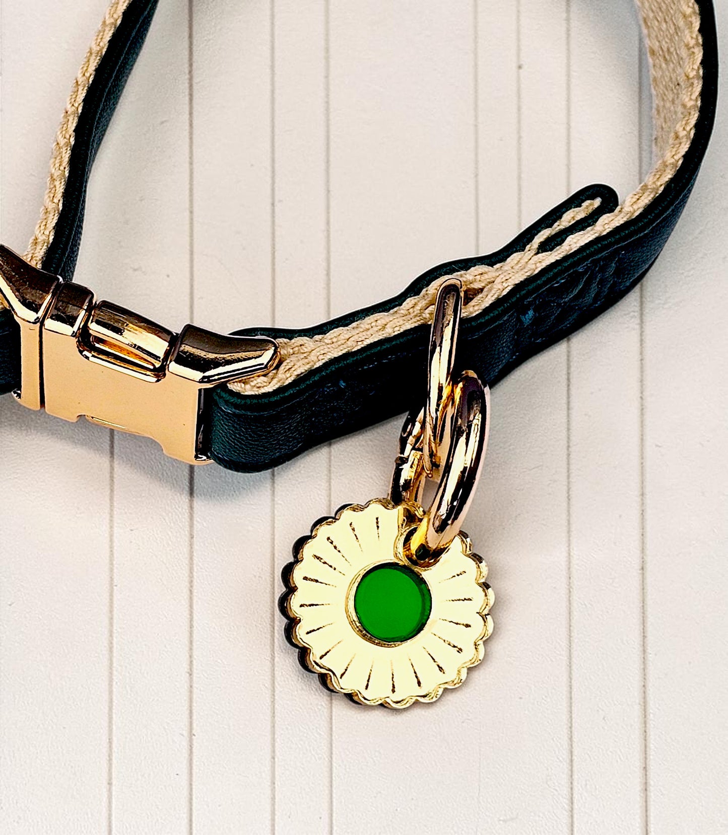 Morti's Fun Club Jurrasic Bloom small collar charm in gold mirrored acrylic with a vivid green center on a dog collar
