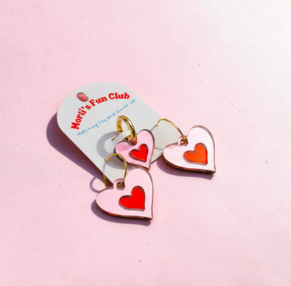 Morti's Fun Club matching heart jewelry set for pets and owners featuring pink acrylic hearts with red centers.
