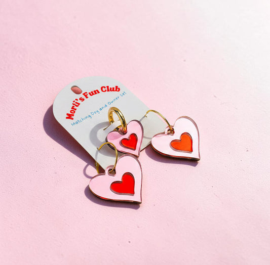 Morti's Fun Club matching heart jewelry set for pets and owners featuring pink acrylic hearts with red centers.