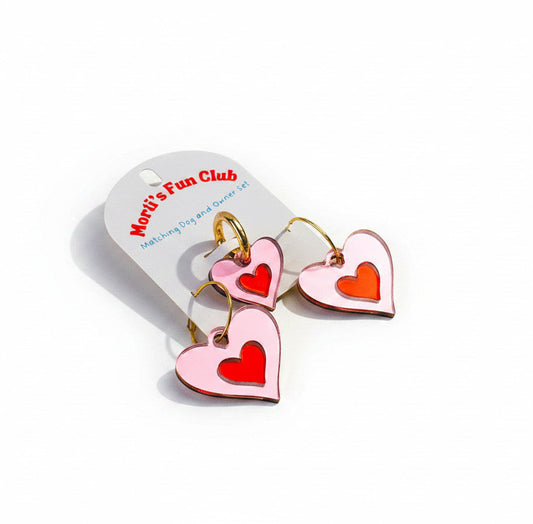 Morti's Fun Club matching heart jewelry set for pets and owners featuring pink acrylic hearts with red centers.