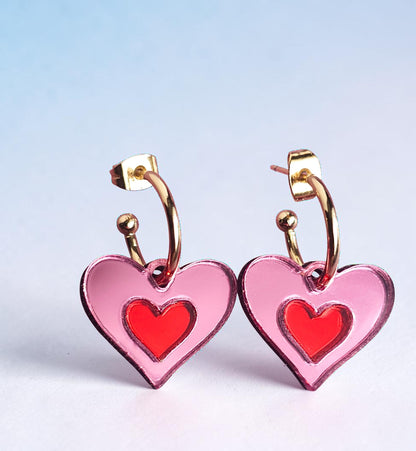 Morti's Fun Club Cherry Blossom heart earrings in pink and red mirrored acrylic with gold-plated hoops.