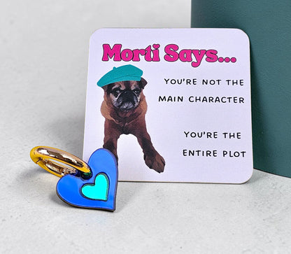 Morti's Fun Club Sea Creature heart charm with royal blue and green acrylic on a silver-plated lobster clip.