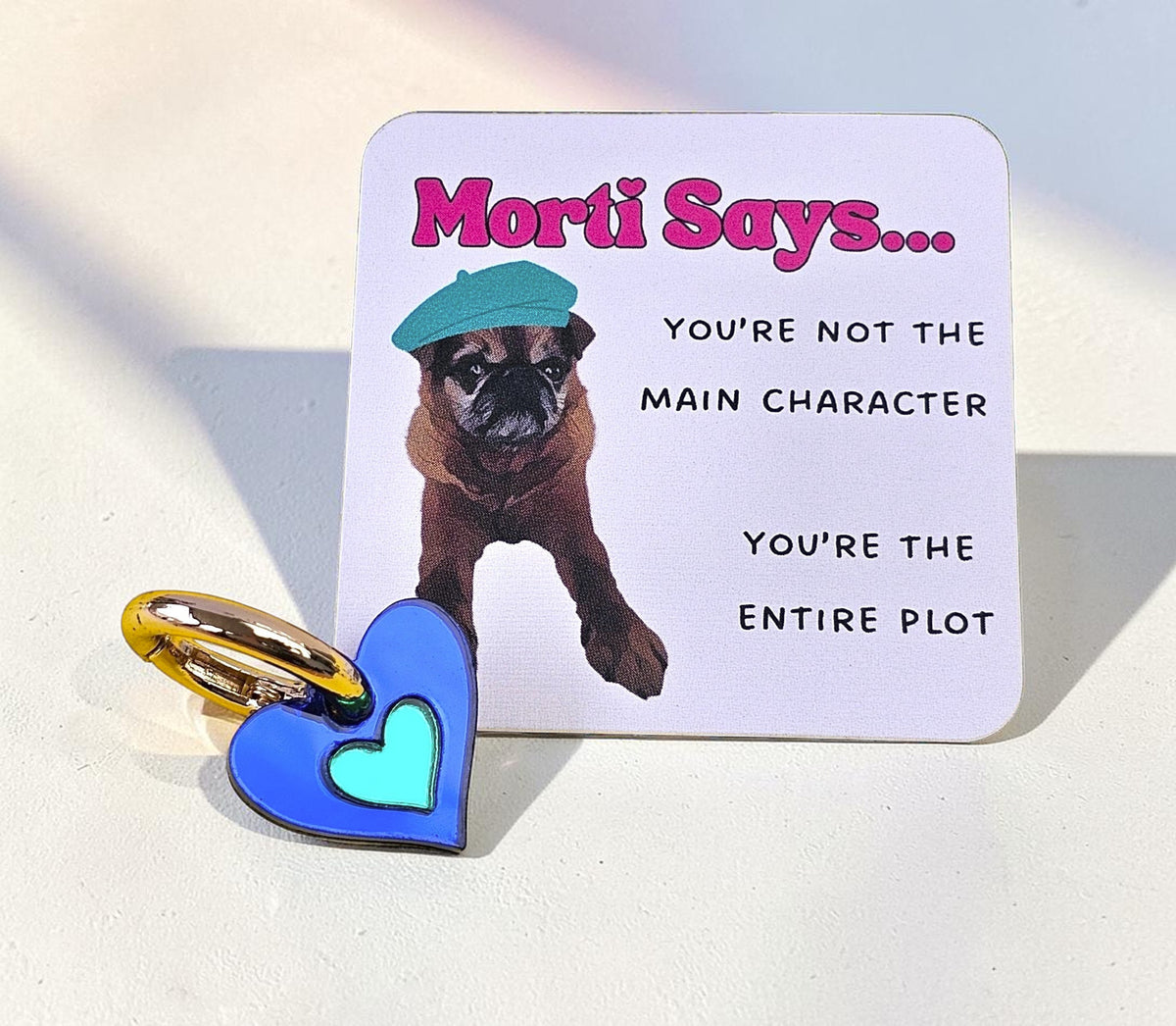 Morti's Fun Club Sea Creature heart charm with royal blue and green acrylic on a silver-plated lobster clip.