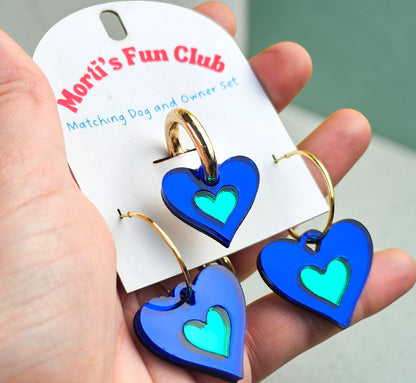 Morti's Fun Club Sea Creature matching heart earrings and dog collar charm in royal blue and glossy green acrylic.