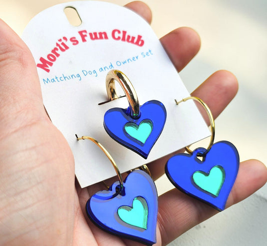 Morti's Fun Club Sea Creature matching heart earrings and dog collar charm in royal blue and glossy green acrylic.