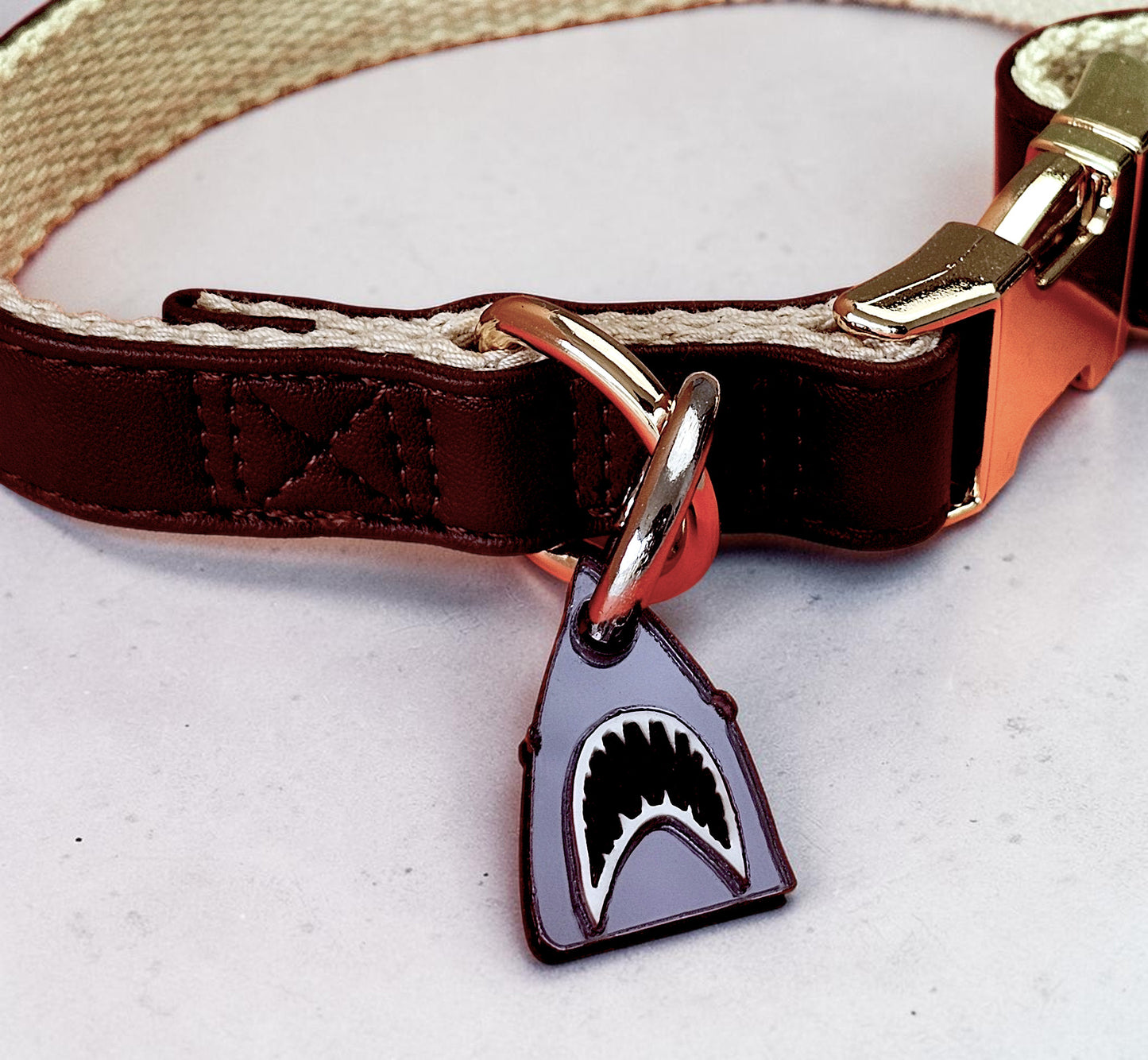 Morti's Fun Club Bite Me shark collar charm in silver mirror acrylic attached to a brown dog collar