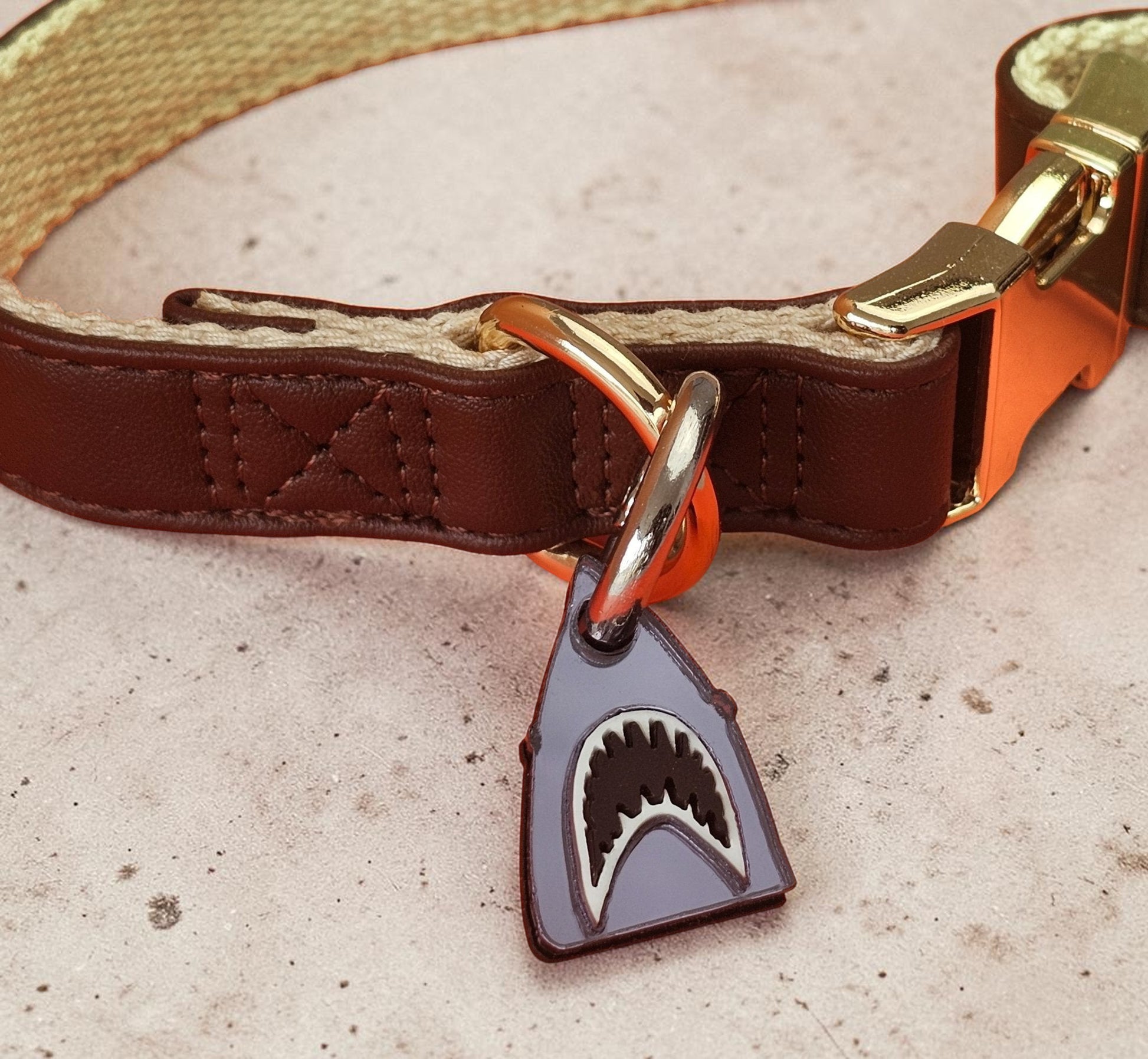 Morti's Fun Club shark dog collar charm in mirrored silver acrylic with black and white shark teeth detail