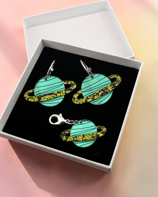 Morti's Fun Club Solar System twinning set with green acrylic planet earrings and matching collar charm in gift box
