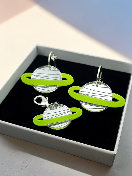 Morti's Fun Club Solar System earrings and collar charm set in Spacehopper Silver with lime fluro rings in a gift box.