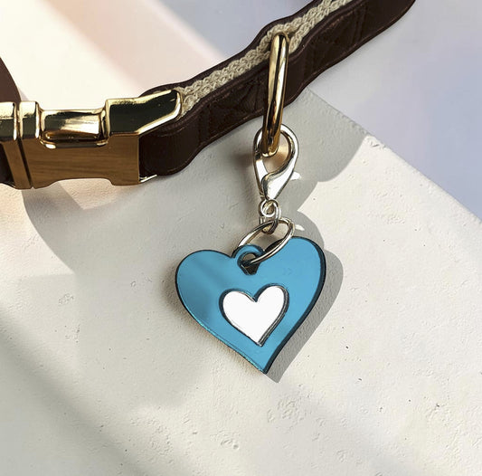 Morti's Fun Club Ice Queen heart dog collar charm in teal and silver acrylic with a lobster clip on a brown collar.