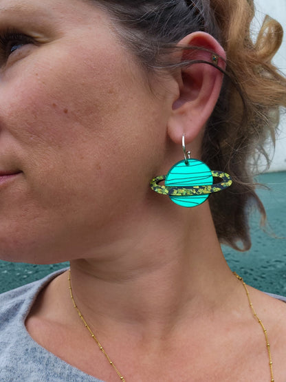 Morti's Fun Club Galaxylicious Green solar system hoop earrings with teal mirrored acrylic and lime glitter rings