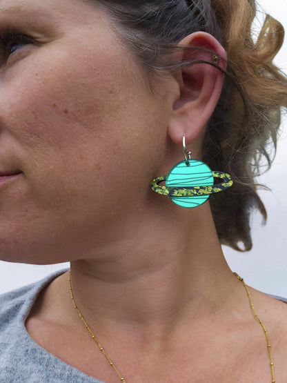 Morti's Fun Club Galaxylicious Green solar system hoop earrings with teal mirrored acrylic and lime glitter rings